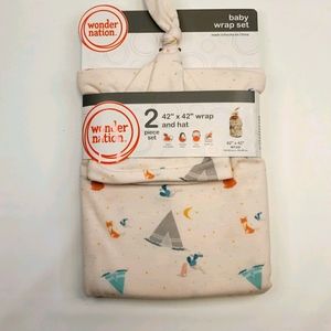 Wonder Nation baby swaddle wrap & hat 42x42 cream